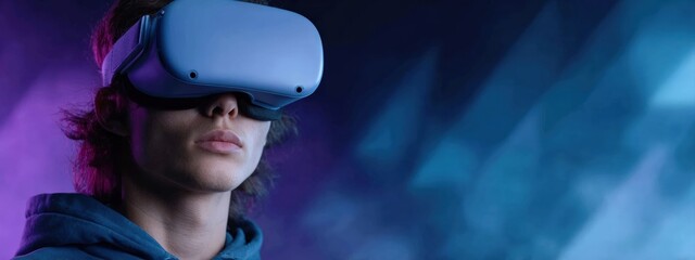 Young man wearing a VR headset, immersing himself in the vibrant and futuristic world of the metaverse, experiencing cutting edge technology
