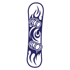 Illustration of a stylish snowboard with flame and tribal design in navy blue color