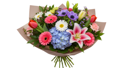 Colorful bouquet of fresh mixed flowers with lilies, daisies, hydrangeas and tulips, perfect for gifts and celebrations