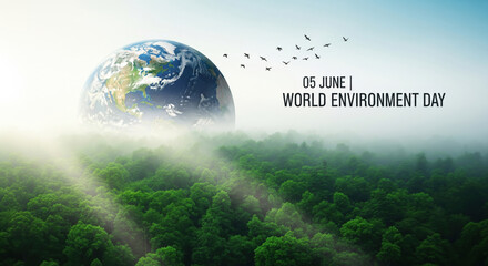 Earth forest mist birds sky green nature environment World Environment Day June 5. image shows lush green forest with mist globe above trees and birds flying symbolizing environmental awareness