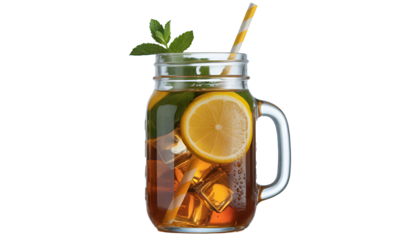 Refreshing Iced Tea with Lemon, Mint, and Straw in a Mason Jar - Powered by Adobe