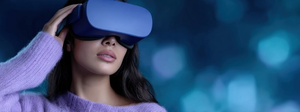 Young woman wearing virtual reality headset is exploring a new digital world, enjoying immersive experience with innovative technology