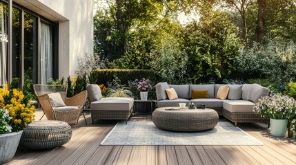 Grey garden furniture on board floor with flowers in pots on terrace of spacious mansion