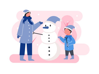 Mother and son playing together in winter are making snowman. Mother illustrations. Flat vector illustration.	

