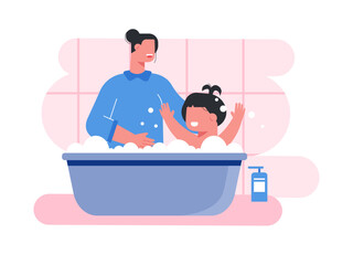 Mother is bathing her daughter, with lots of foam in the bathroom. Mother illustrations. Flat vector illustration.	
