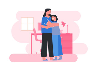 Mother and teenage daughter hugging inside the house. Mother illustrations. Flat vector illustration.	
