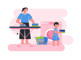 Mother ironing clothes with the help of her son. Mother illustrations. Flat vector illustration.	
