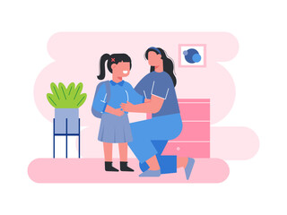 Little girl wants to go to school in the morning. Mother illustrations. Flat vector illustration.	
