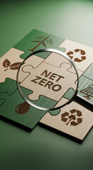 Net zero concept puzzle with magnifying glass, renewable energy, recycling, and sustainability icons, green and beige color scheme, environmental awareness, eco friendly solution