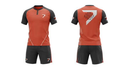 Red and black sports uniform set with short sleeves and shorts, front and back views, perfect for soccer or football teams