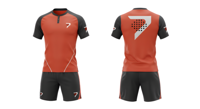 Red and black sports uniform set with short sleeves and shorts, front and back views, perfect for soccer or football teams