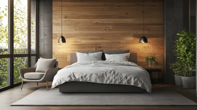 Modern loft style bedroom in apartment. Comfortable double bed with bedding and minimalistic armchair