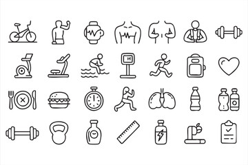 Vector Outline Icons of Gym, Nutrition, and Hydration Tools
