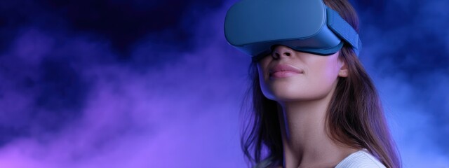 Businesswoman wearing virtual reality headset is exploring metaverse in a dark room with blue and purple smoke