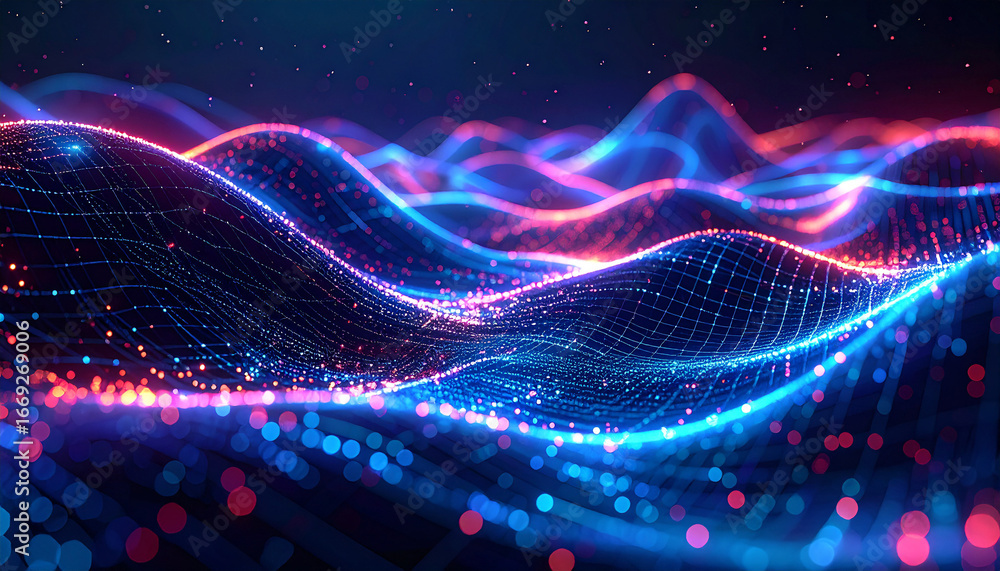 Poster digital data waves: a mesmerizing depiction of digital data visualized as luminous waves, intricatel