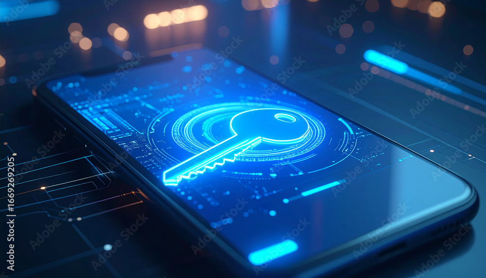 Poster digital security: a futuristic, high-tech image featuring a mobile phone displaying a glowing digita