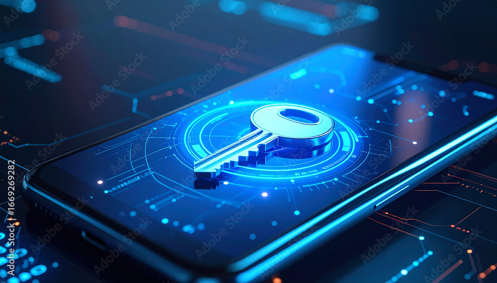 Poster digital key security: an illuminated metallic key rests on a sleek mobile device, enveloped by an et