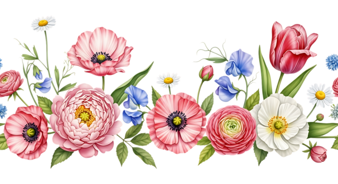 Watercolor floral border featuring pink poppies, peonies, tulips, and daisies, perfect for wedding invitations, greeting cards, and spring themed design projects