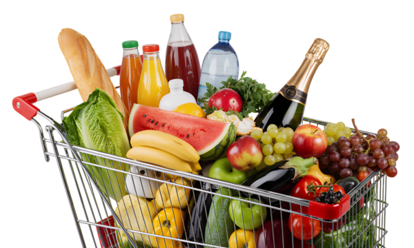 Shopping Cart Filled with Groceries and Drinks