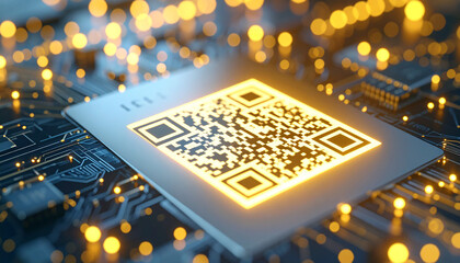 Digital Code in Circuit: A futuristic scan code shines with a bright glow, resting on an intricate circuit board. It's a visualization of modern technology and innovation.