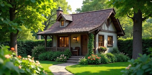 A charming little cottage, nestled amongst lush greenery, boasts a cozy porch and inviting windows Perfect for a peaceful retreat , roof, rustic