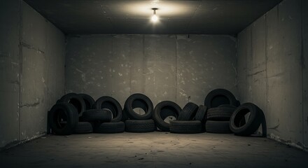 Empty square room with Old car tires on wall