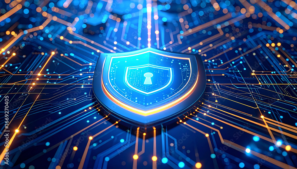 Poster cybersecurity shield: a digital shield, representing data protection and security, glows amidst an i
