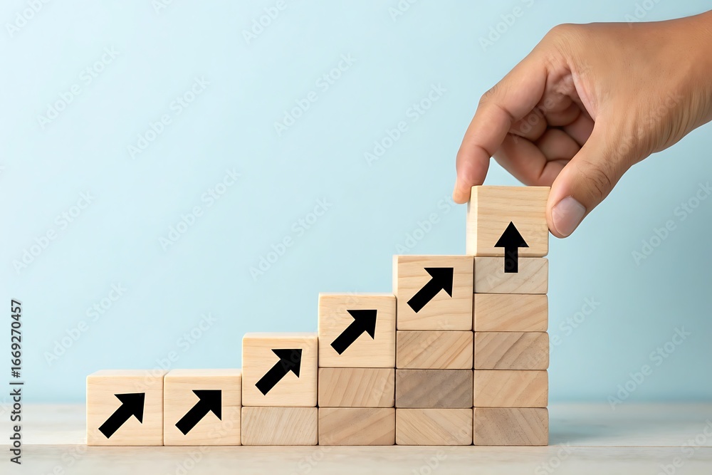 Poster hand placing wooden block with upward arrow on a staircase of blocks symbolizing personal growth and