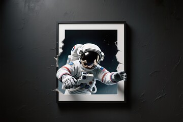 A surreal simple  frame in dark wall shows frame reveals astronaut floating, reaching outward beyond the frame