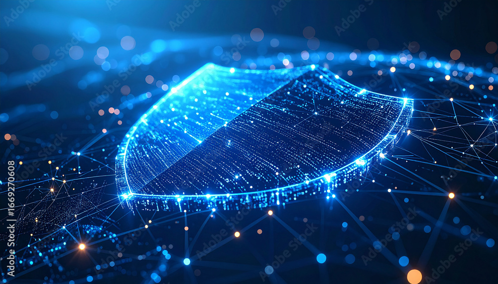 Poster cybersecurity shield: the image features a luminous digital shield representing online security, wit