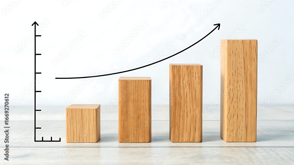 Poster wooden blocks representing bar chart with hand- drawn growth graph on white background cube stack