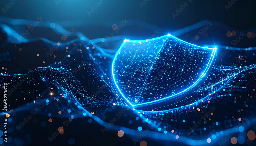 Poster cybersecurity shield: a glowing, digital shield, representing robust protection and secure defense, 