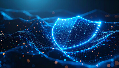 Cybersecurity Shield: A glowing, digital shield, representing robust protection and secure defense, floats amidst a dynamic network of interconnected data points.