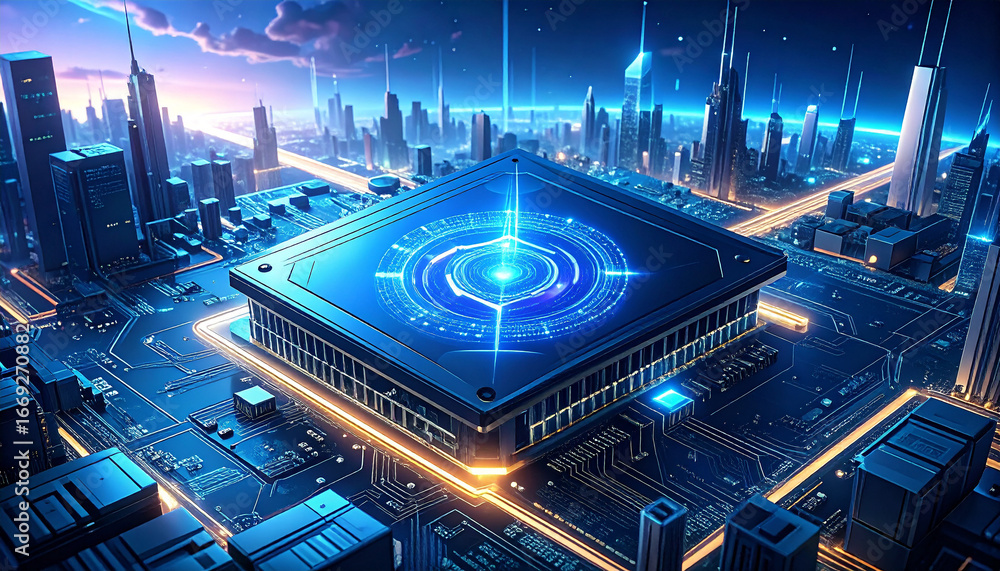 Poster digital nexus: a cutting-edge integrated circuit chip, pulsating with data streams, takes center sta