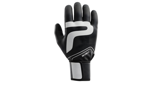 Black and white goalkeeper glove isolated on black background, perfect for sports or soccer imagery - Powered by Adobe