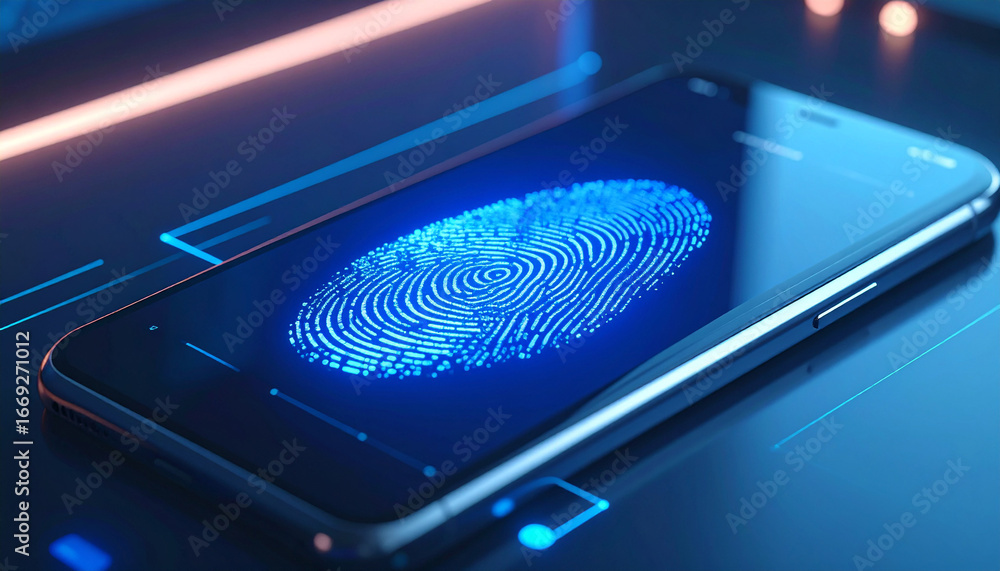 Poster digital security: smartphone displaying a glowing fingerprint scan, symbolizing advanced protection,