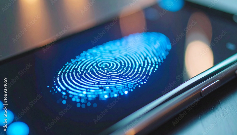 Poster digital security: a close-up shot of a mobile phone screen vividly displays a fingerprint, emphasizi
