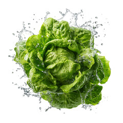 Fresh Green Lettuce with Water Splash on Transparent Background, PNG