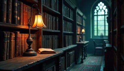 A dimly lit library, old books stacked high, a single antique lamp casting shadows; a mysterious, suspenseful scene perfect for a mystery novel cover , backdrop, novel