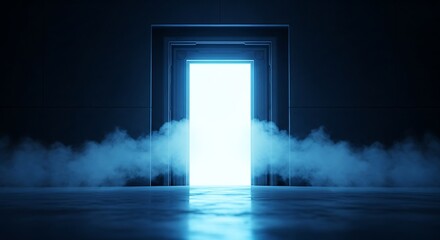 Glowing doorway emerges from smoky darkness with bright light