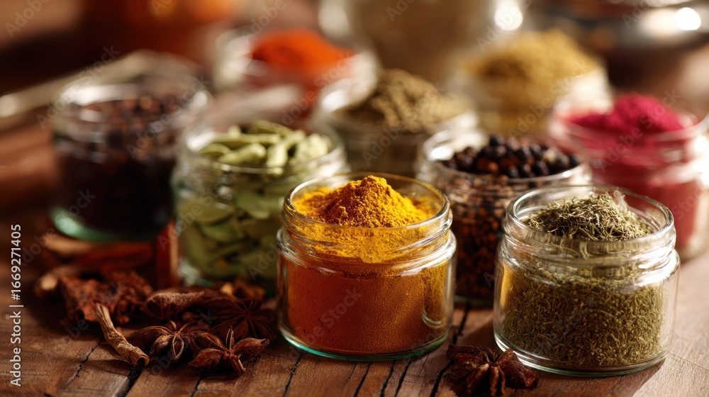 Poster sharp focus on an assortment of exotic spices in small open containers vivid hues and textures highl