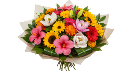 Bright bouquet of mixed flowers with sunflowers, hibiscus, and chrysanthemums perfect for gifts and special occasions