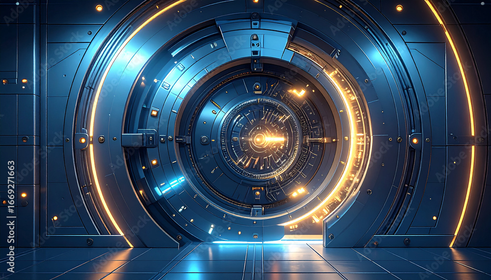 Aufkleber cybernetic portal: futuristic portal with glowing neon lights in a high-tech, sleek environment, inv