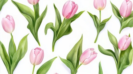 Obraz premium Elegant watercolor pattern with soft pink tulips and delicate green foliage