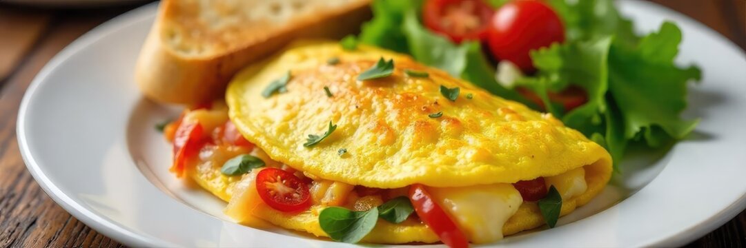 A fluffy omelet bursting with cheese and fresh vegetables, served with crispy toast and a side salad Perfect for a healthy and delicious breakfast or brunch , cuisine, morning