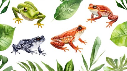 Exotic amphibians in watercolor repeated pattern with white space for modern wildlife designs