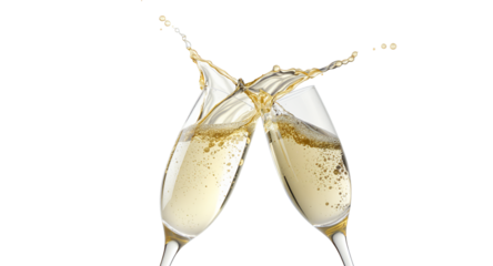 Two champagne flutes clinking, sparkling wine splash, celebration toast, festive drink