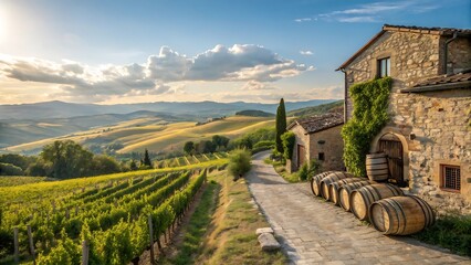 Tuscan village road with vineyards and rolling hills