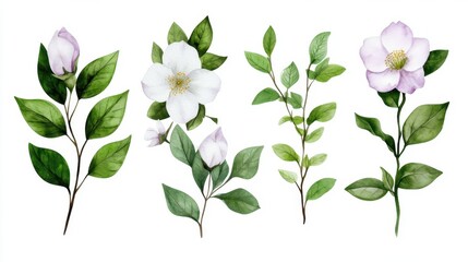 Obraz premium Exotic floral collection with green leaves, watercolor hand-painted set isolated on white