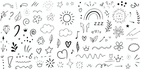 Black and White Doodle Elements Stars Hearts Sun Rainbows Clouds Crowns Arrows hand drawn
